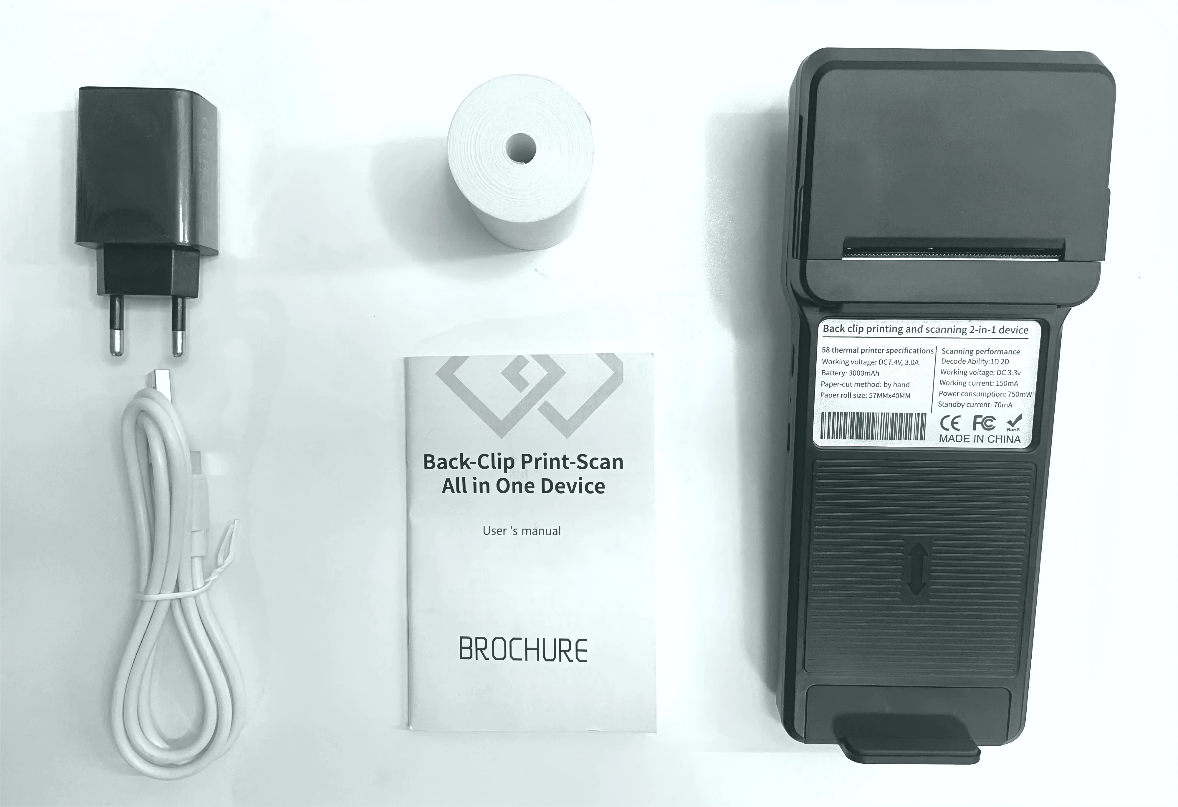 Cellphone Back Clip 58mm Thermal Printer 1D/2D Scanner Bluetooth Connection 7.4V 3000mAh Battery Extendable Holder Of Mobile