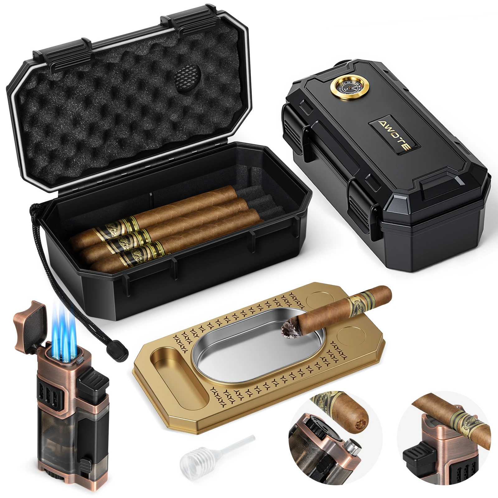 

AWOTE Travel Humidor Set with Torch Lighter, Ashtray, Humidifier & Hygrometer, Portable Case with Cigar Accessories for Men Gift