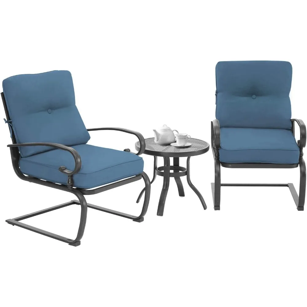 3-Piece Outdoor Patio Bistro Set Spring Motion Chairs and Round Cafe Table, Steel Frame Conversation Furniture Set with Cushions