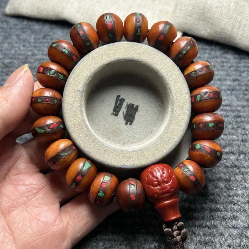 yak with multi-gemstone inlay, Buddhist bead bracelet, Tibetan-style vintage sacred bone, old cow