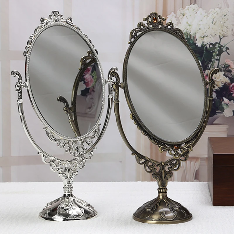 

European Style Makeup Mirror Vintage Oval Shaped Tabletop Cosmetic Mirror 360 Degree Rotating Desktop Vanity Mirror Home Decor