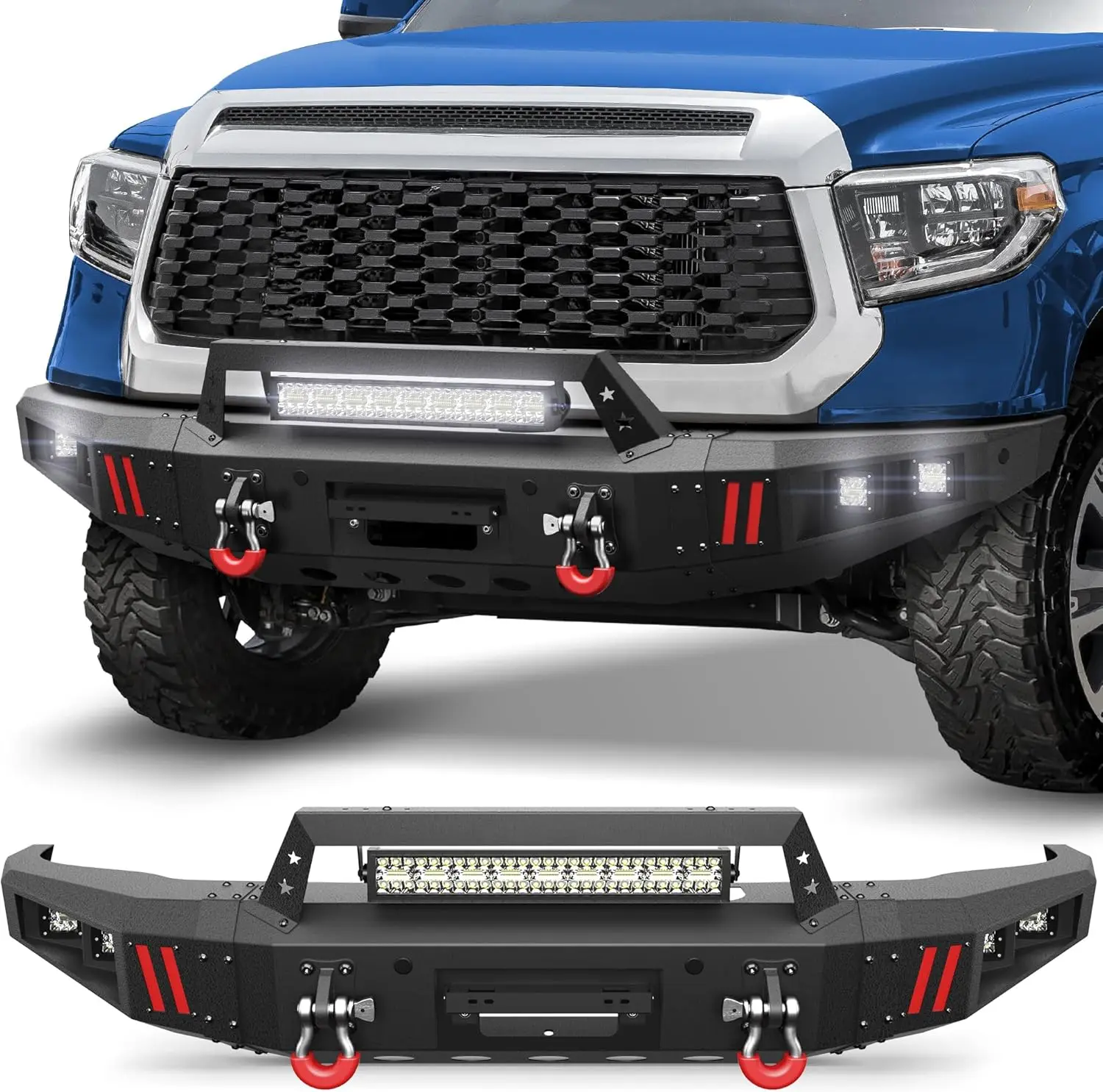 Pickup Front Bumper for 2014-2021 Tundra with Winch Plate, 144W Long Light Bar, D-rings and License Plate Bracket