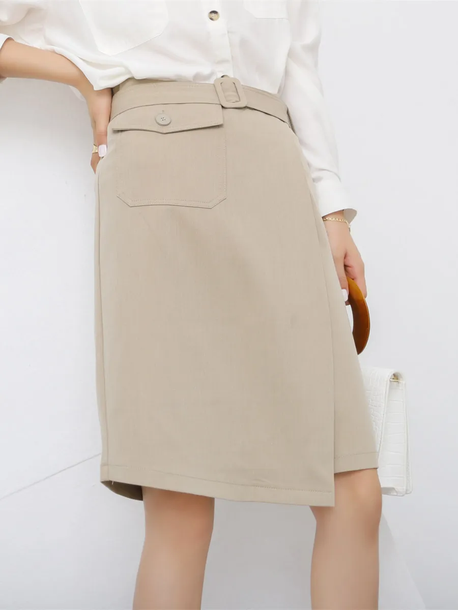 

Юбка миди с высокой талией и поясом, черная, А-силуэт, асимметричная, плиссированная, универсальная, для офиса, лето 2024, женская мода