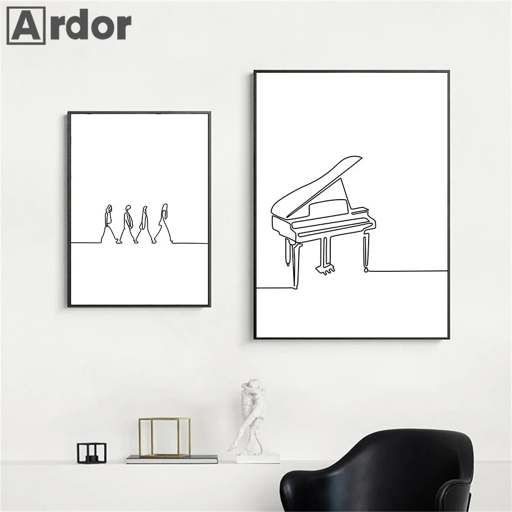 Nordic Piano Line Drawing Wall Art Poster Music Notes Art Print Piano Key Canvas Painting Black White Pictures Living Room Decor