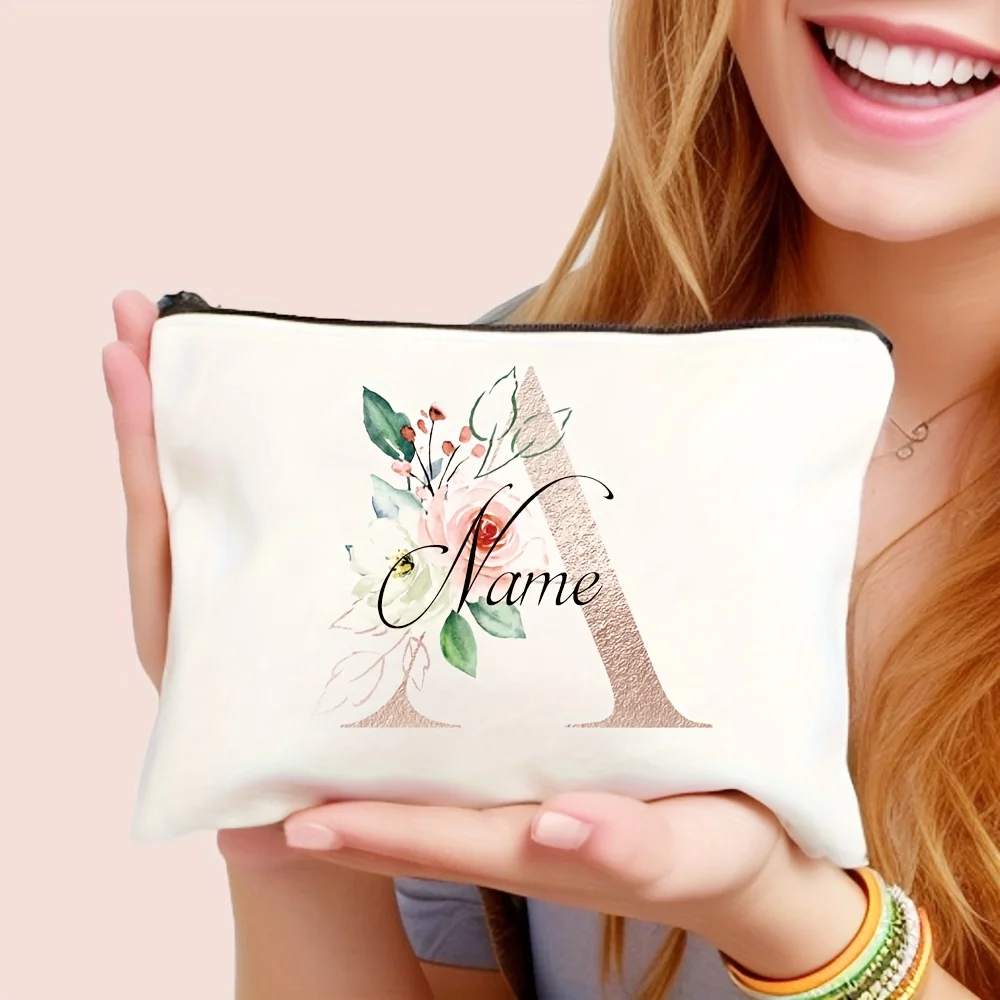 Custom Name Floral Letter Design Inspirational White Makeup Bag Durable Large Capacity Foldable With Open Closure Machine Was