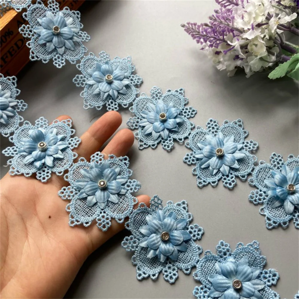 1 yard Blue Pearl Beaded Embroidered Flower Lace Trim Floral Applique Patches Fabric Sewing Craft Vintage Wedding Dress New
