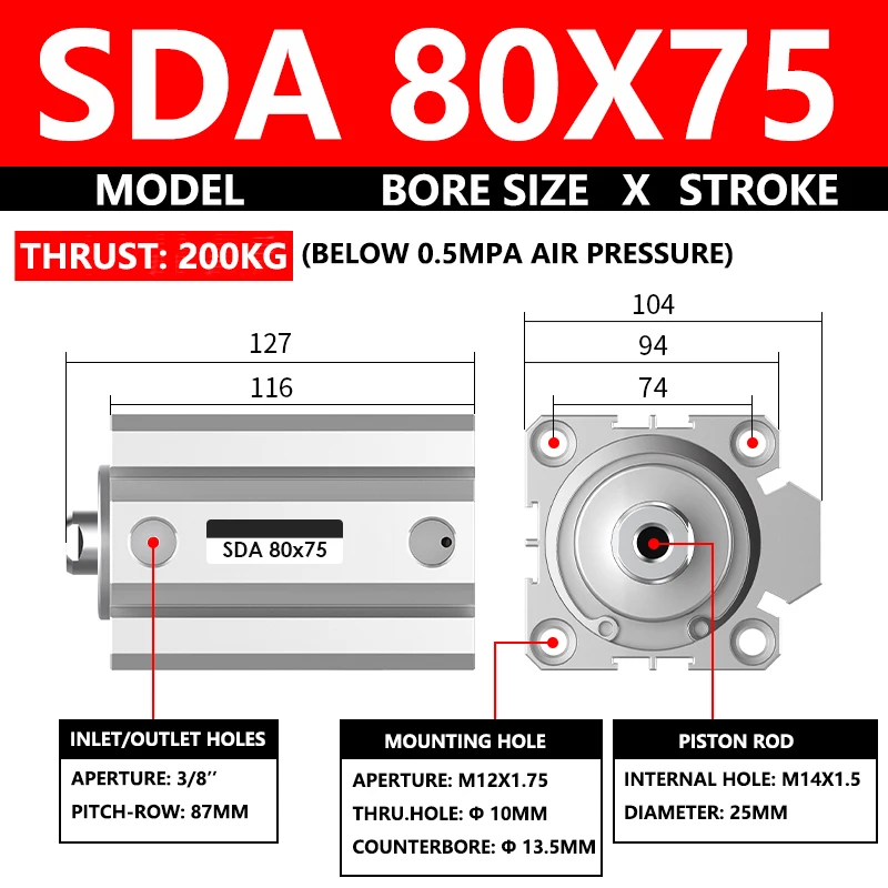 ABILKEEN SDA80X75 SDA Series Thin Air Cylinder 80MM Female Thread Bore X 75MM Stroke Double Acting Pneumatic Compact Cylinder