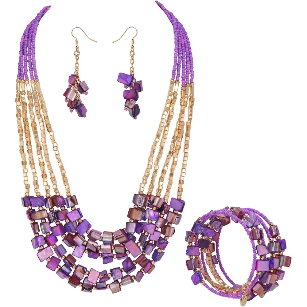 

Bohemian Layered Shell Beaded Necklace with Matching Seed Bead Earrings for Women