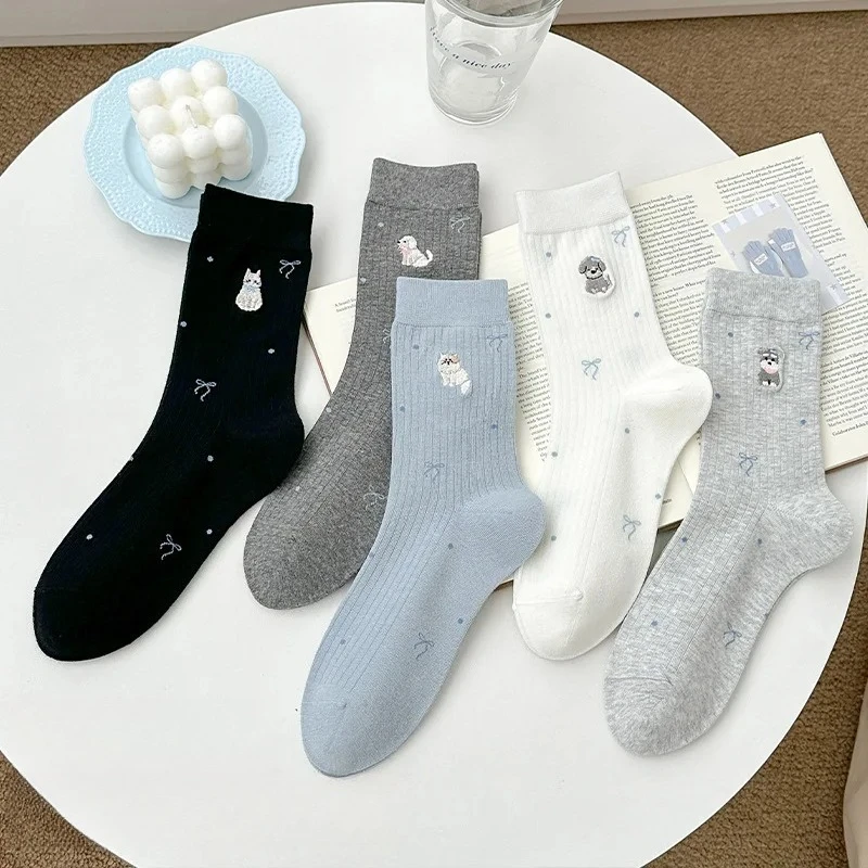 

1 Pair Girls Long Socks Set Kawaii Autumn White Cotton Loose Socks High Quality Cute Cartoon Embroidered Puppy Mid-Calf Socks
