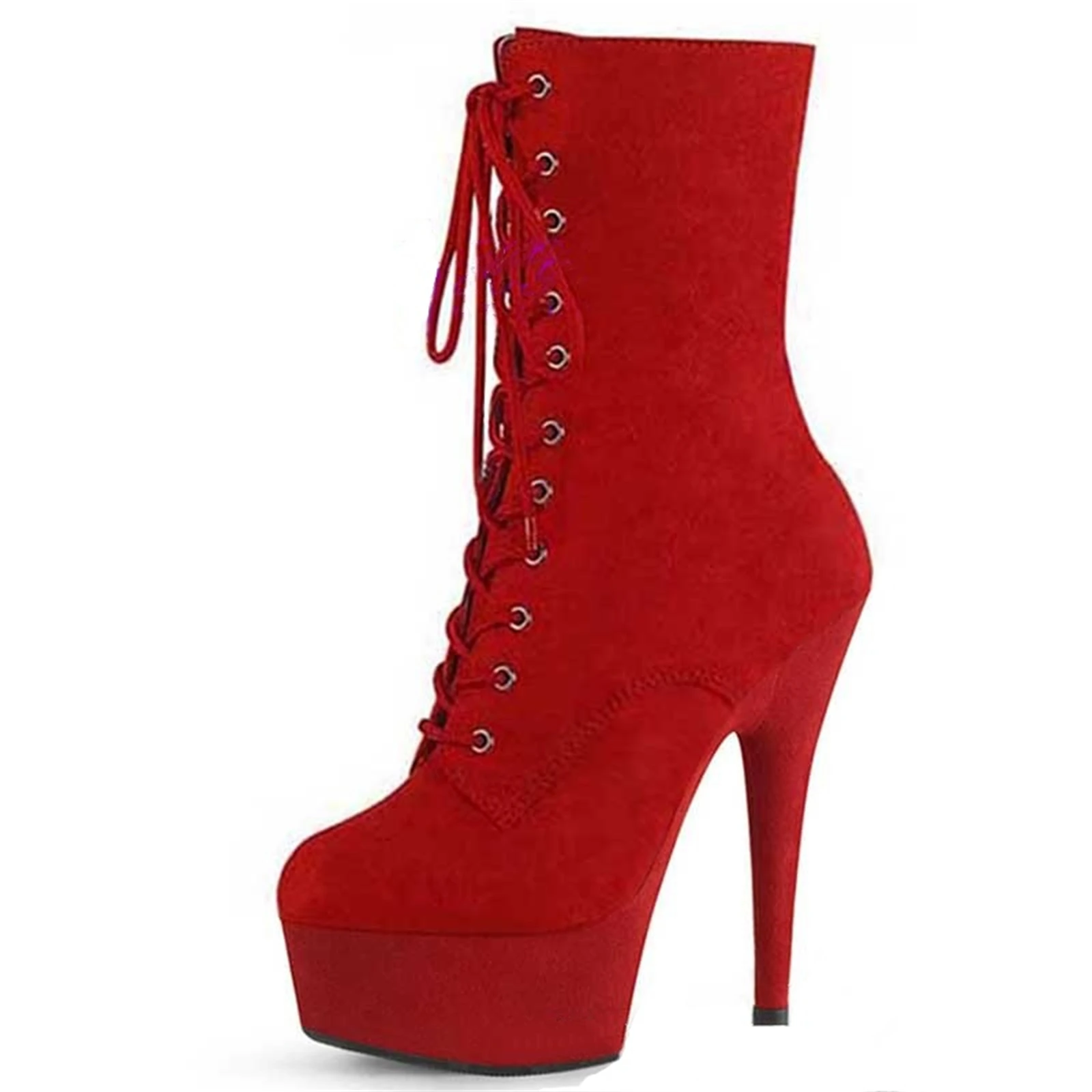 

15CM Bold Red Heeled Ankle Boots Platform Stiletto Suede Boots with Black Metal Eyelets Night Club Party Boots for Women