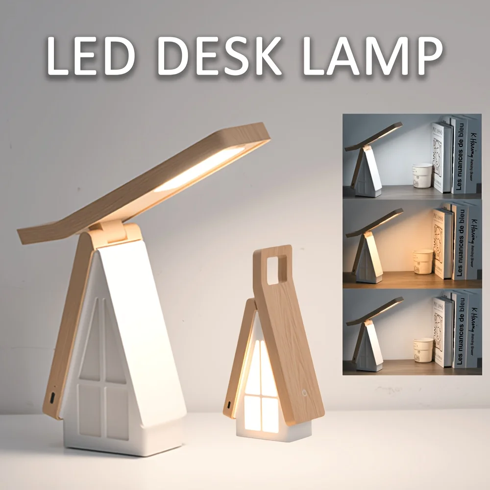 WILIT Wooden House LED Desk Lamp, USB Charging Collapsible Office Reading Lamp,Bedside Light, Room Decoration Night Light Gifts