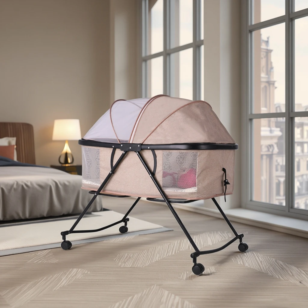 سرير أطفال معدني قابل للتعديل بتصميم أوروبي حديث قابل للطي مع سرير بجانب السرير للاستخدام في غرفة النوم والفندق #5