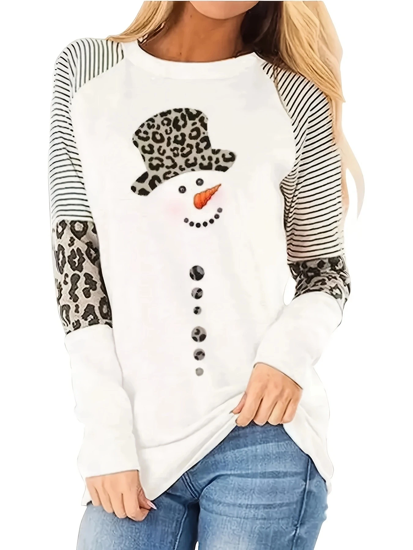 Festive Christmas Leopard Snowman Print Patchwork Long Sleeve Tshirt Loose Fit Holiday Casual Pullover Top