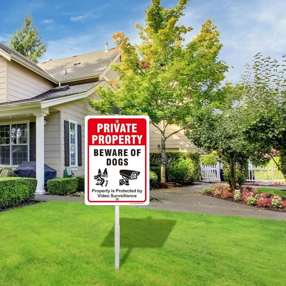 

SecurePulse GuardMax Private Sign - Beware of Dog & Surveillance, UV-Resistant Aluminum Stake Kit for Garden