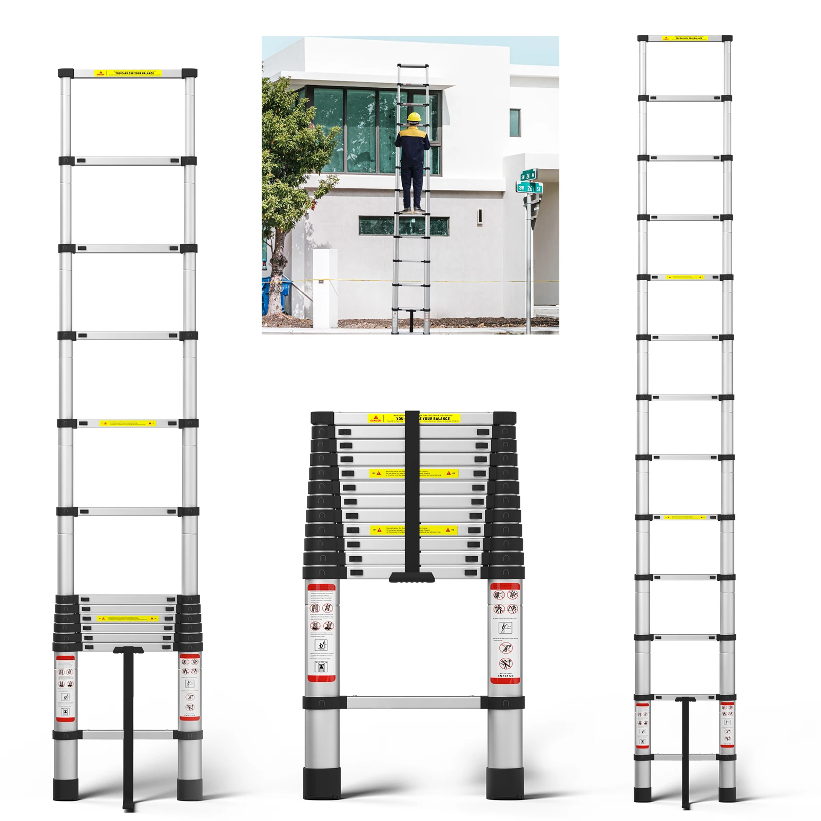 5M/16.4ft Aluminum Telescopic Ladder,150kg/330lbs, Extension Folding Loft Attic Ladder,for Home,Roof,Warehouse,Industrial Use  ﻿