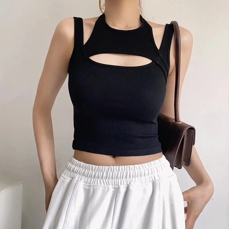 Asymmetrical Crop Top y2k E-girl Hollow Out Knitted Corset Top Sleeveless O Neck Mini Vest Basic Casual Sporty  Summer