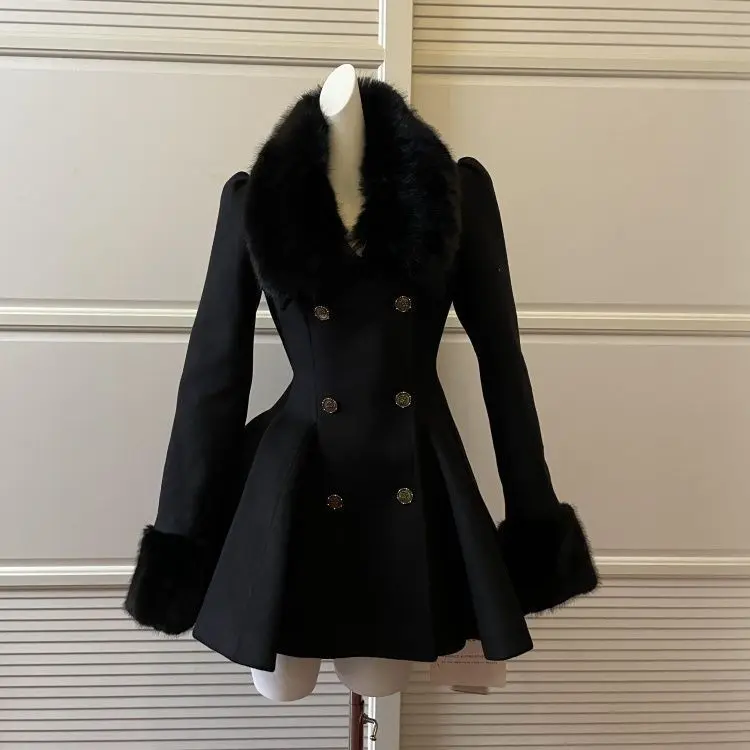 

Winter French Hepburn Black Fur Collar Woolen Coat Women Vintage Blends Slim Mid-length Outwear Elegant Lolita Warm Outfits 2025