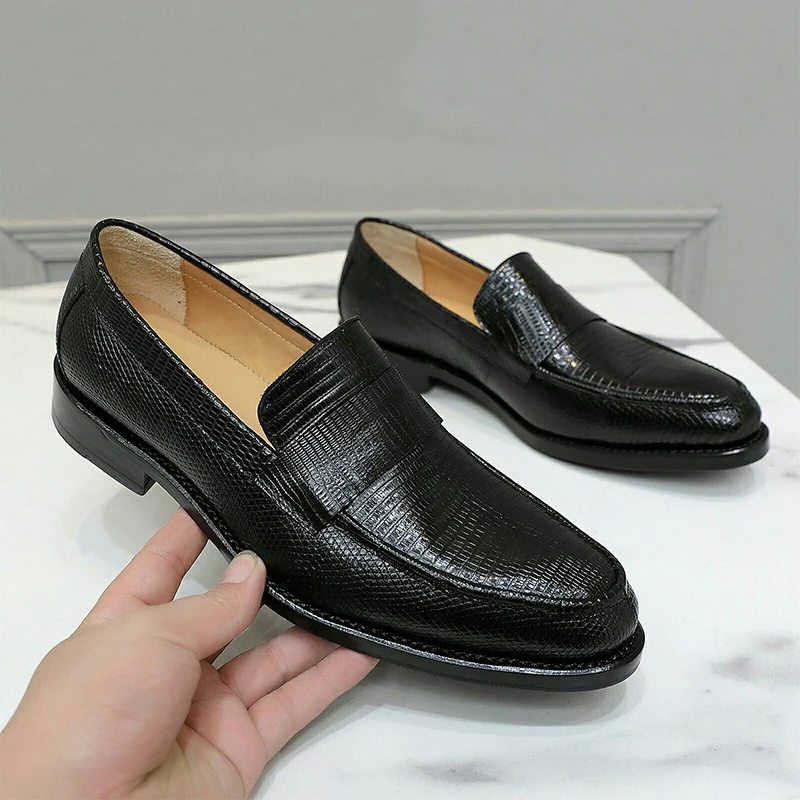 Sipriks Lizard Skin Casual Shoes For Men Elegant Black Slip On Shoes Handmade Goodyear Welted Loafers Grooms Wedding Shoe Luxury