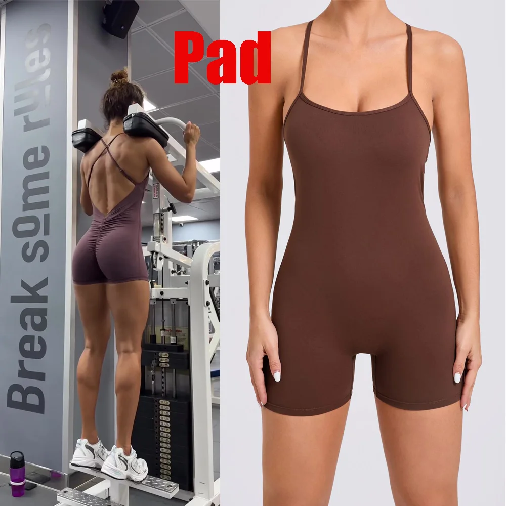 New Pad Nylon Bodycon One Piece Jumpsuit Skinny Yoga Set Scrunch Shorts Breathable Women Adjustable Shoulder Strap Exercise