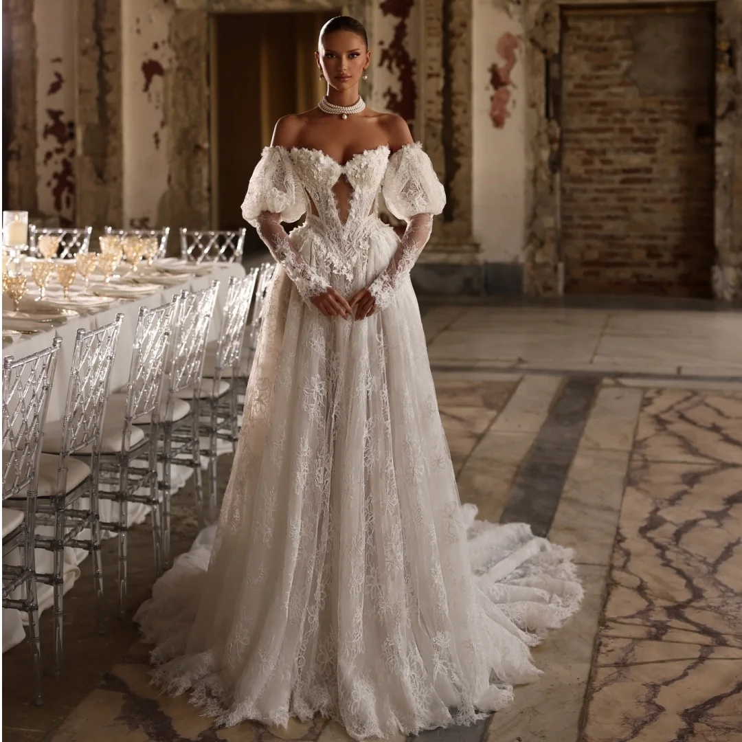 Elegant Lace Bodice Wedding Dresses Removable Long Sleeves Corset Back Sweep Train Bridal Gown Boho robe de mariée Customized
