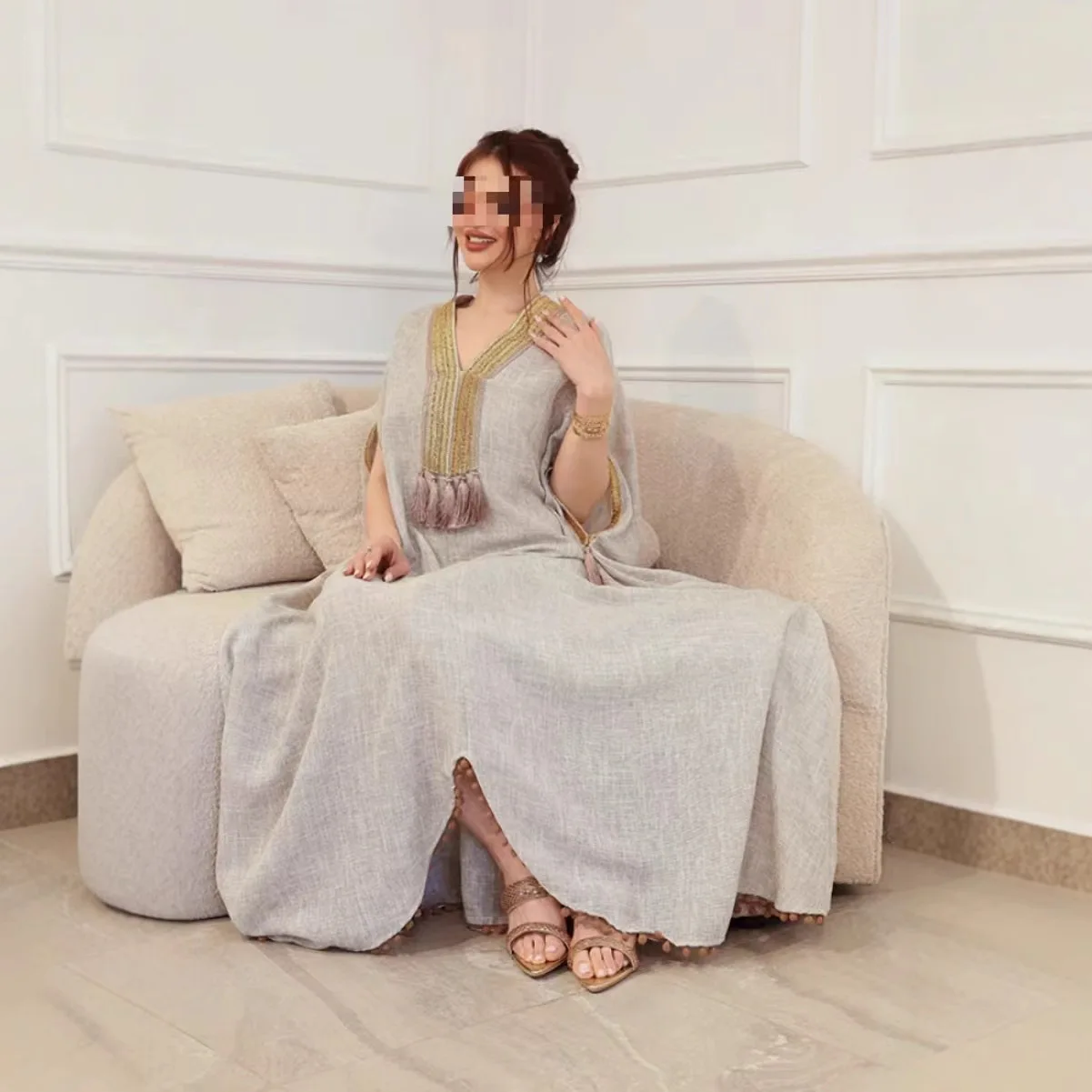 가을 겨울 중동 무슬림 여성 의류 코튼 린넨 태슬 하이웨이스트 롱 루즈 맥시 드레스