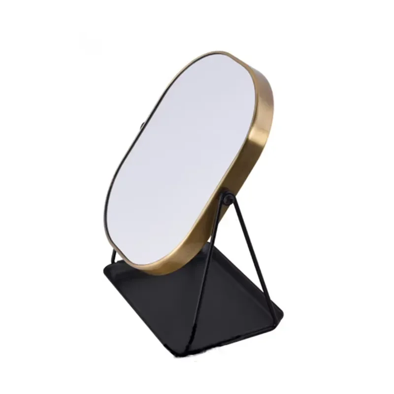 Vertical desktop Art Deco glass vanity mirror with round metal gold frame and square black tray