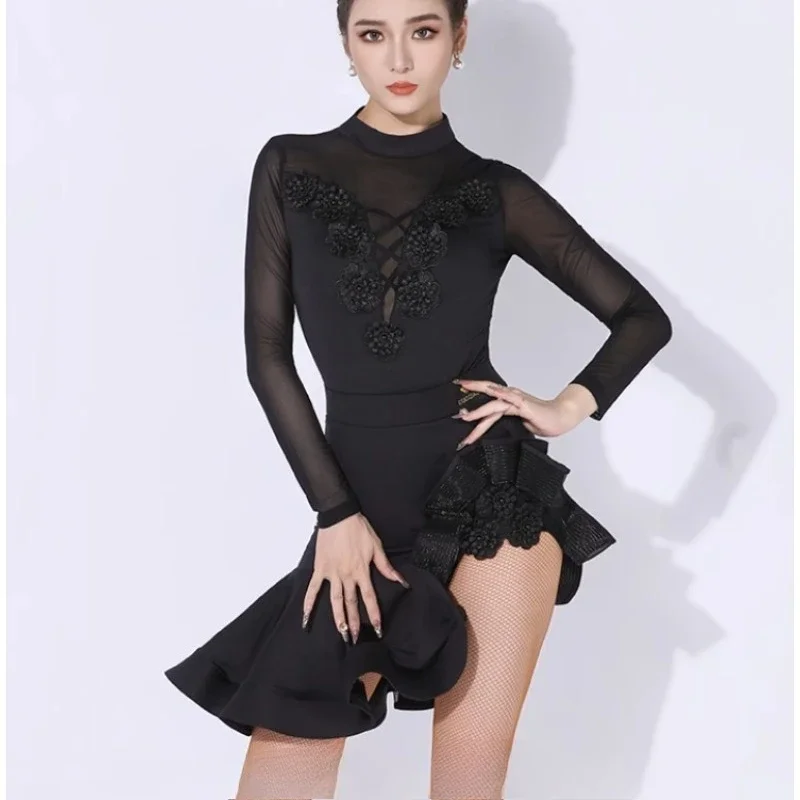

Женская униформа для латинских танцев, сетчатый костюм с длинными рукавами и открытой спиной для взрослых, костюм для соревнований, женская одежда для бальных танцев, костюмы