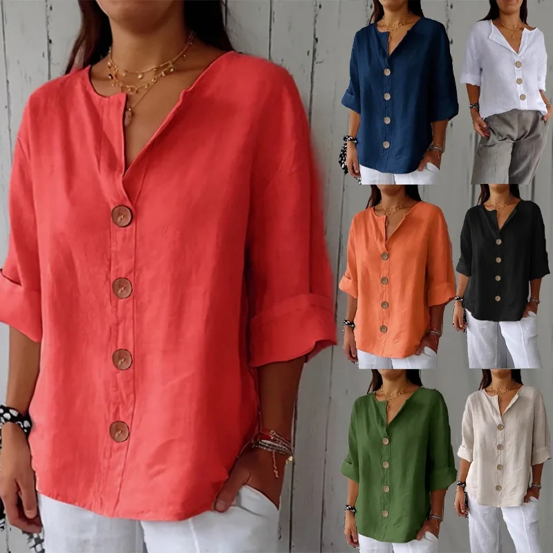 

Женская футболка с v-образным вырезом из смеси хлопка и льна Thiened Summer irt Top Китайское производство Ladies Faion