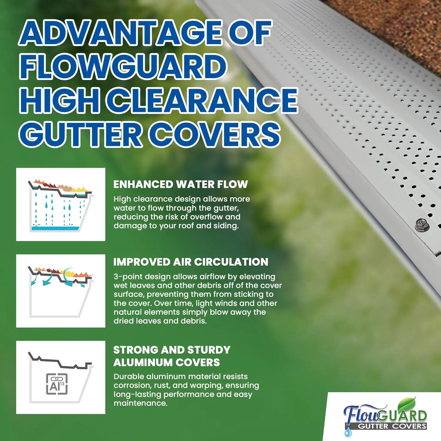 Gutter Cover System, Flow Guard, High Clearance, Branco, Alumínio, Premium 50 Anos, 5 Polegada, 1020 Pés, 50 Anos