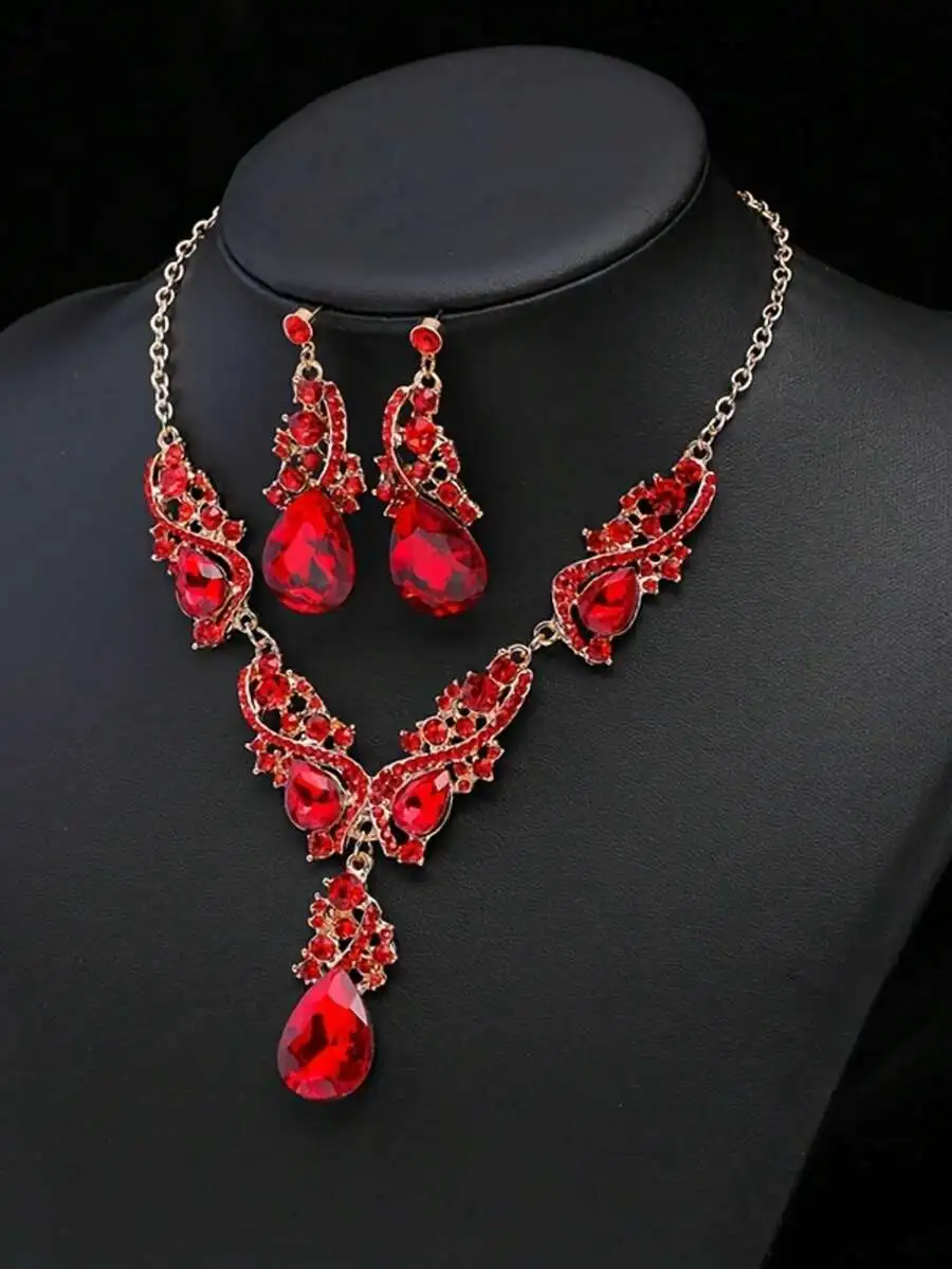 

Elegant Red Rhinestone And Glass Alloy Jewelry Set – Necklace And Earrings For Weddings, Parties, And Special Occasions