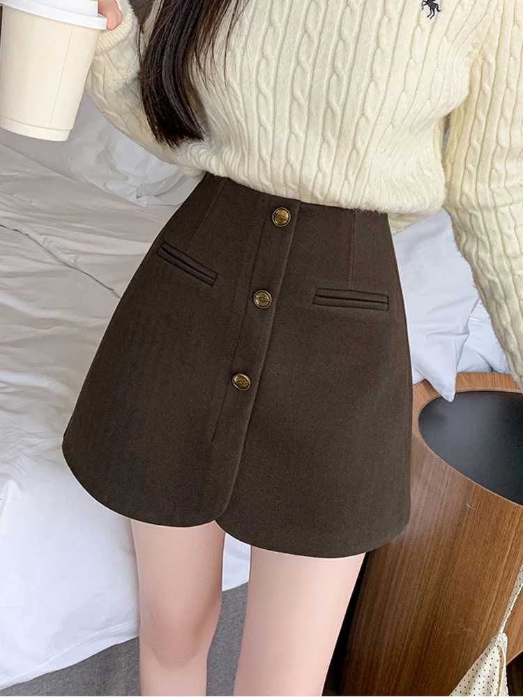 Vintage Winter Skirts Shorts Women Streetwear Loose Wide Leg Short Pants Femme Single Breasted Culottes Grey Black Brown Shorts