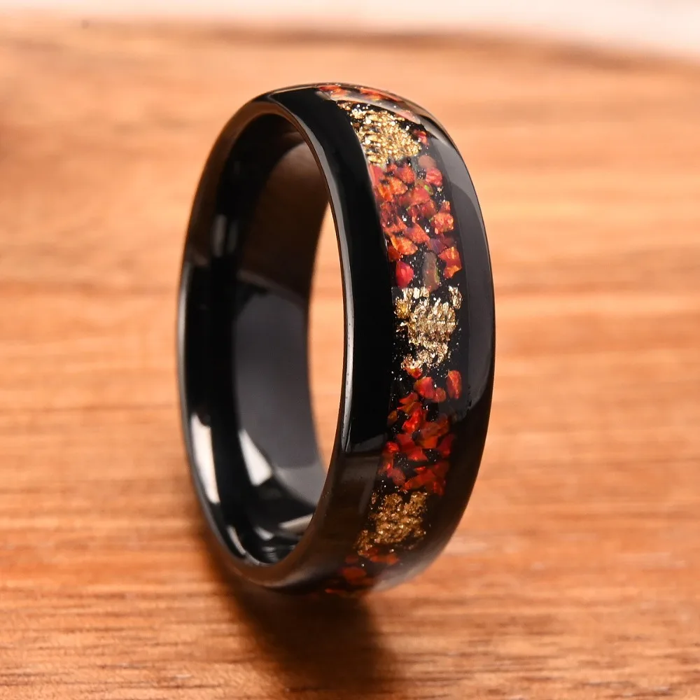 Somen 8mm Black Tungsten Carbide Ring For Men Women Red Opal & Gold Flakes Comfort Fit Wedding Band Engagement Couple Jewelry