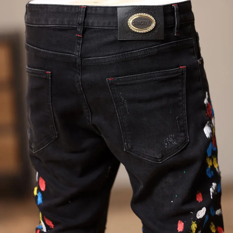 Street Fashion Men Jeans Retro Black Gray Stretch Skinny Fit Ripped Jeans Men Painted Designer Hip Hop Denim Pencil Pants Hombre