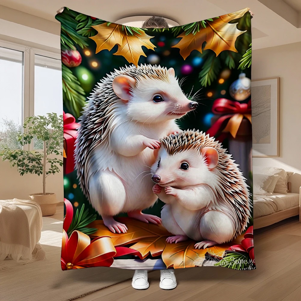 Cute Hedgehog Christmas, Holiday Gift, Blanket, Festive Ornament Design, Home Decor, Soft Cozy Multi-Purpose