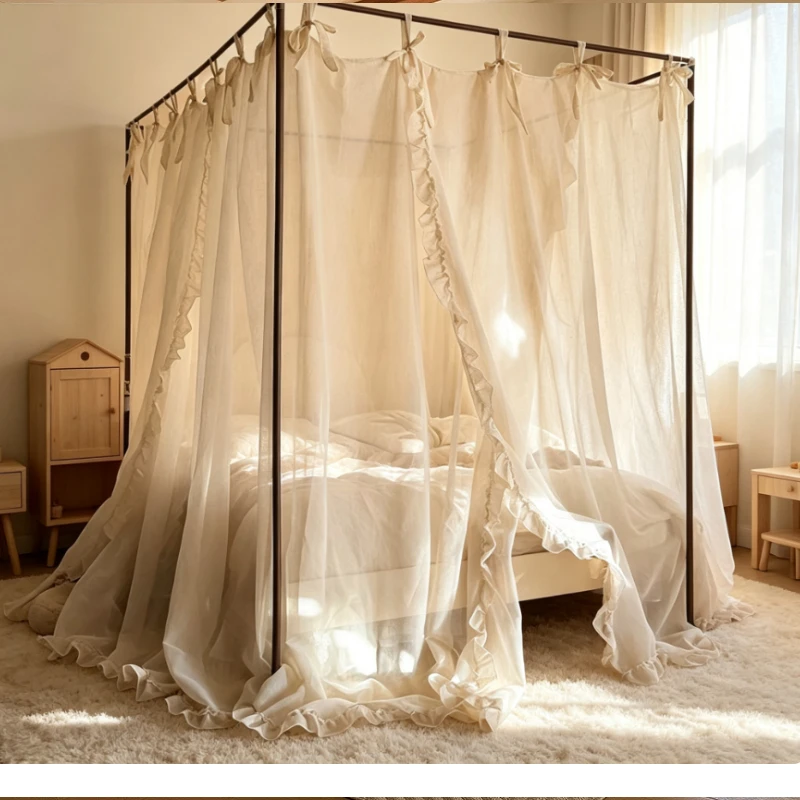 Cotton and linen floor-to-ceiling court mosquito net household bedroom three doors light luxury French linen bed curtain