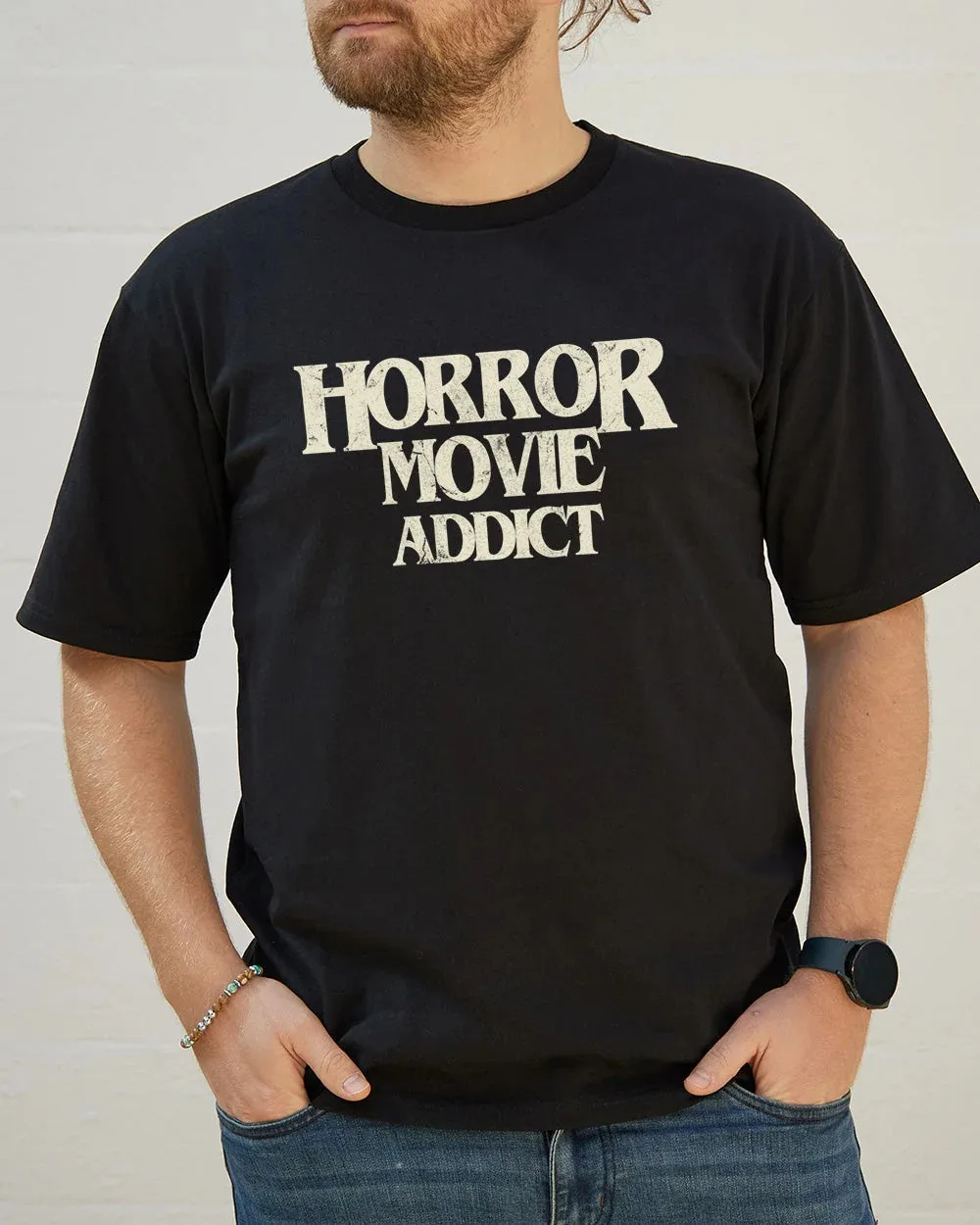 Camiseta unisex para amantes de las películas de terror, camiseta azul minimalista con texto vintage de terror, ideal para uso diario y atuendos informales