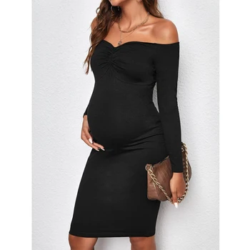 Vestidos de embarazo Línea de cuello Vestidos de maternidad Falda ajustada Photoshoot Maternidad Sin tirantes Plisado Manga larga Vestido de mujer Ropa