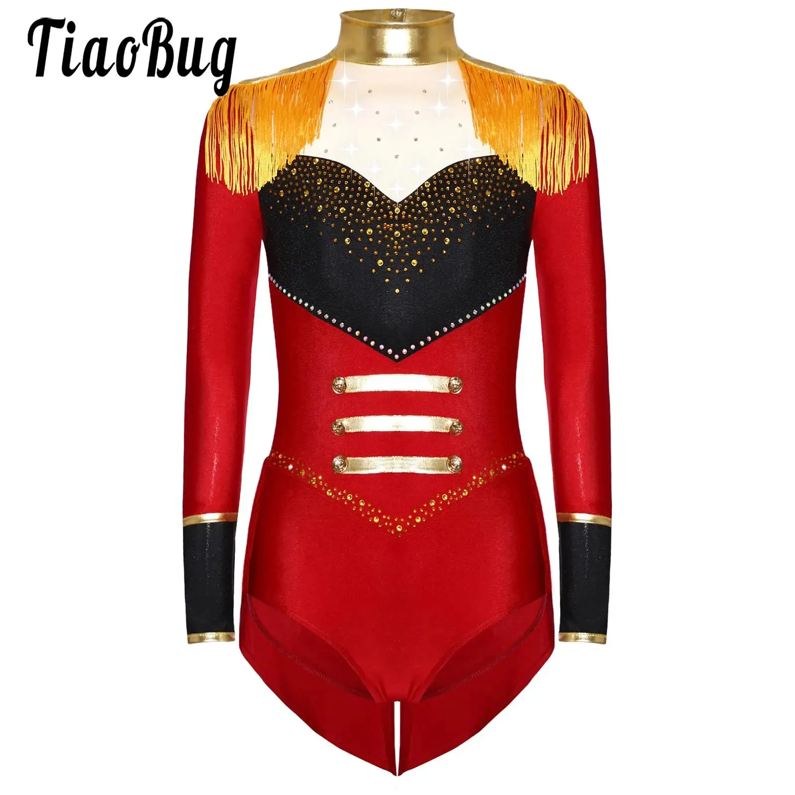 

Kids Girls Circus Ringmaster Costume Halloween Fancy Dress Rhinestones Long Sleeve Tassels Leotards Jumpsuit for Carnival Party
