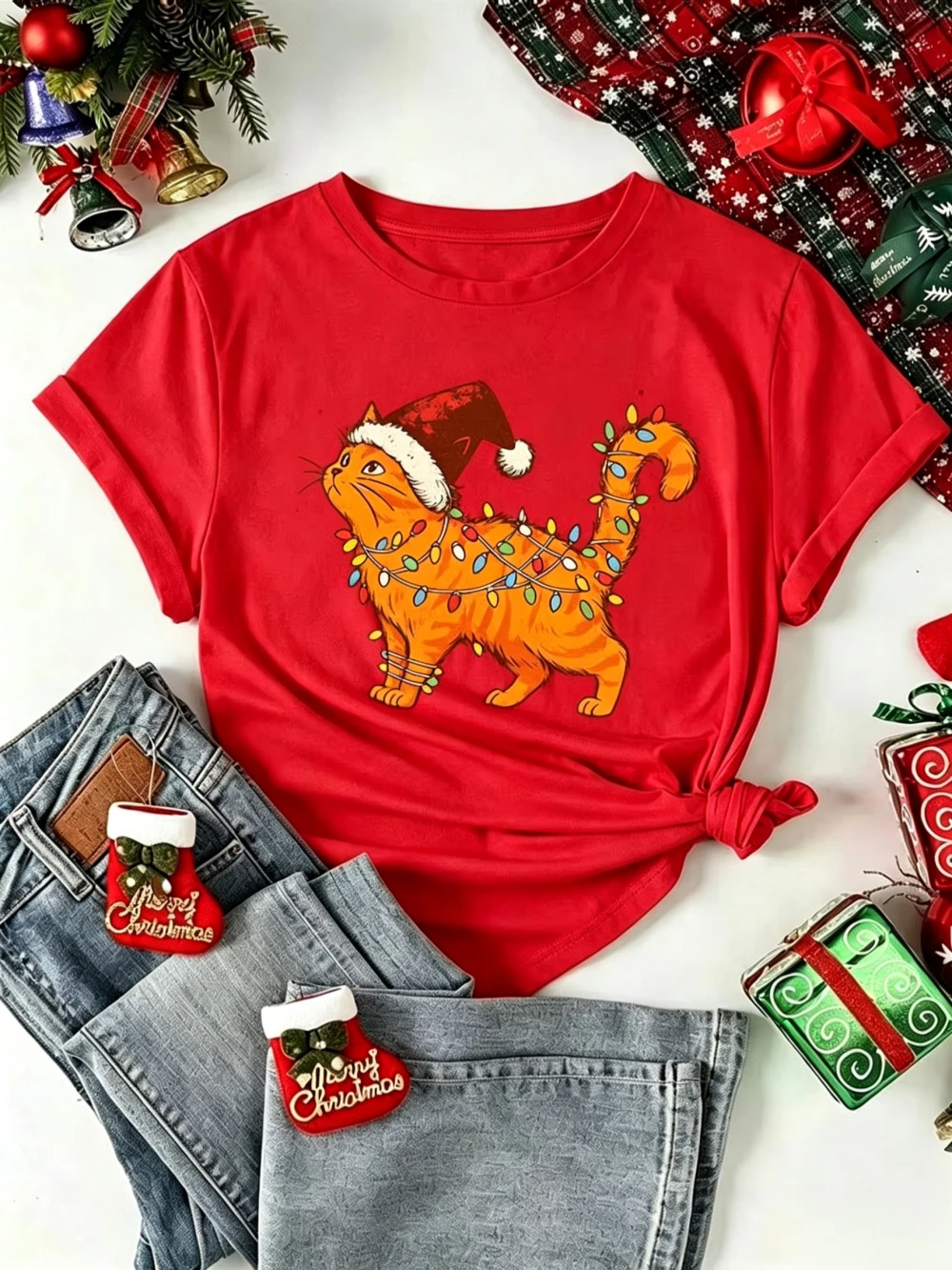 Christmas Cat Graphic T‑Shirt Orange Cat with Santa Hat Xmas T-Shirt Short Sleeve Tee Holiday Tops Gifts Family Matching Outfits