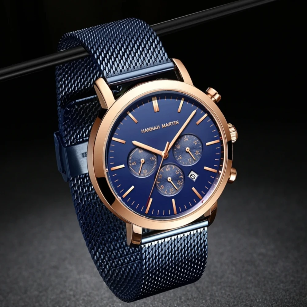 

Hannah Martin Multifunctional Quartz Watch Mens Stainless Steel Mesh 45mm Timing Dial Blue Business Waterproof Watches Hot Clock
