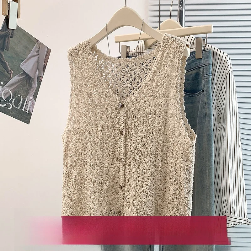 

Slimming Summer New Hollow out Hook Flower Car Coat Vest Outerwear Top Thin Model with Buttons City Commute Cotton Blend