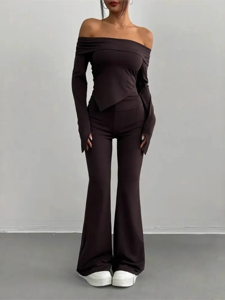 مجموعة أزياء المرأة الصلبة عارضة طويلة الأكمام أعلى قطعتين مجموعة جديدة ربيع الخريف أنيقة عطلة حزب قطعتين ملابس امرأة