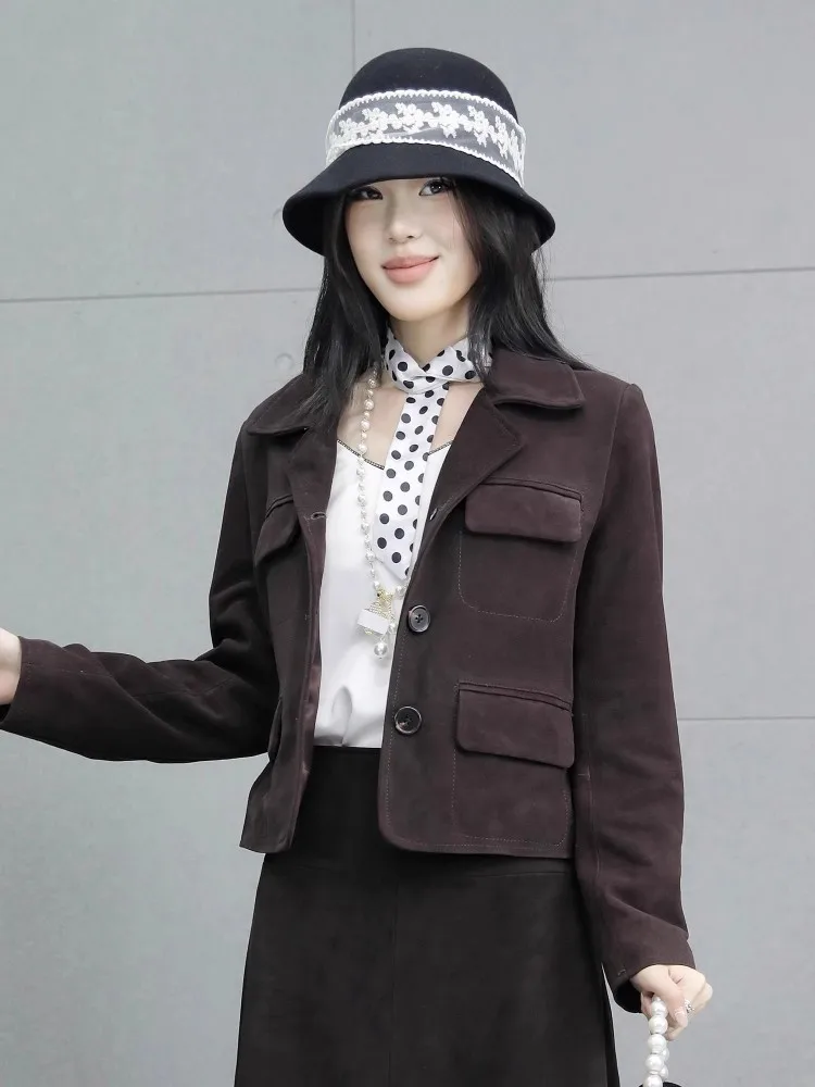 سترة نسائية بلون القهوة الداكنة للخريف بأكمام طويلة وياقة علوية وسترات قصيرة واحدة الصدر وزرين ملابس خارجية بقصة ضيقة #3