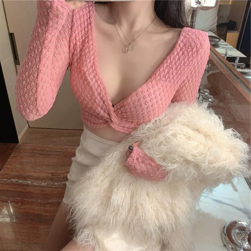 

Sexy Low Cut Super Short Belly Baring Club Dancing Women's Top V Neck Short Length Polyester Long Sleeve Lace Shirt for Night...