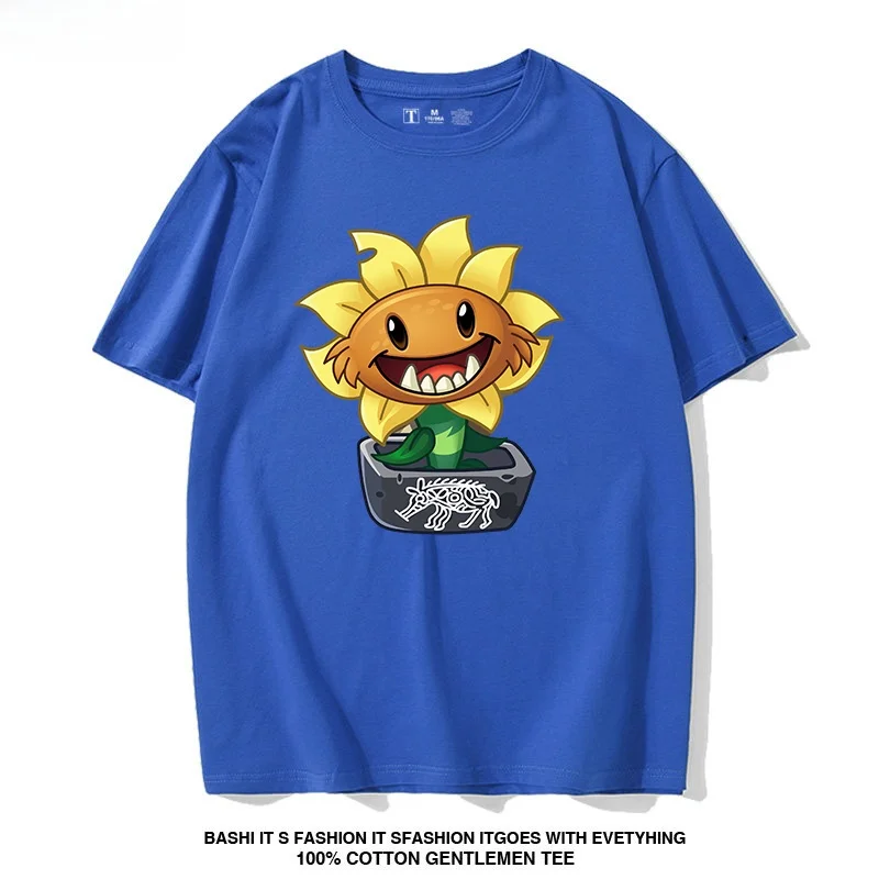 

Футболка из чистого хлопка свободного кроя с коротким рукавом для мальчиков и девочек, летняя одежда для детей, дышащий повседневный топ с принтом «Растения против зомби»