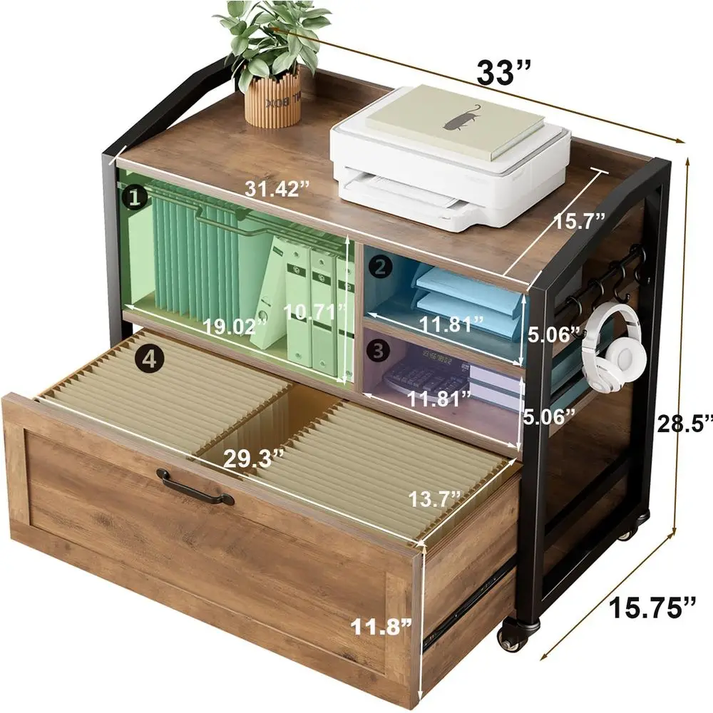 33 Rolling Lateral File Cabinet, Letter Size, Printer Stand, Storage Shelves, Lockable Casters, Hanging Organizer, Rustic Oak