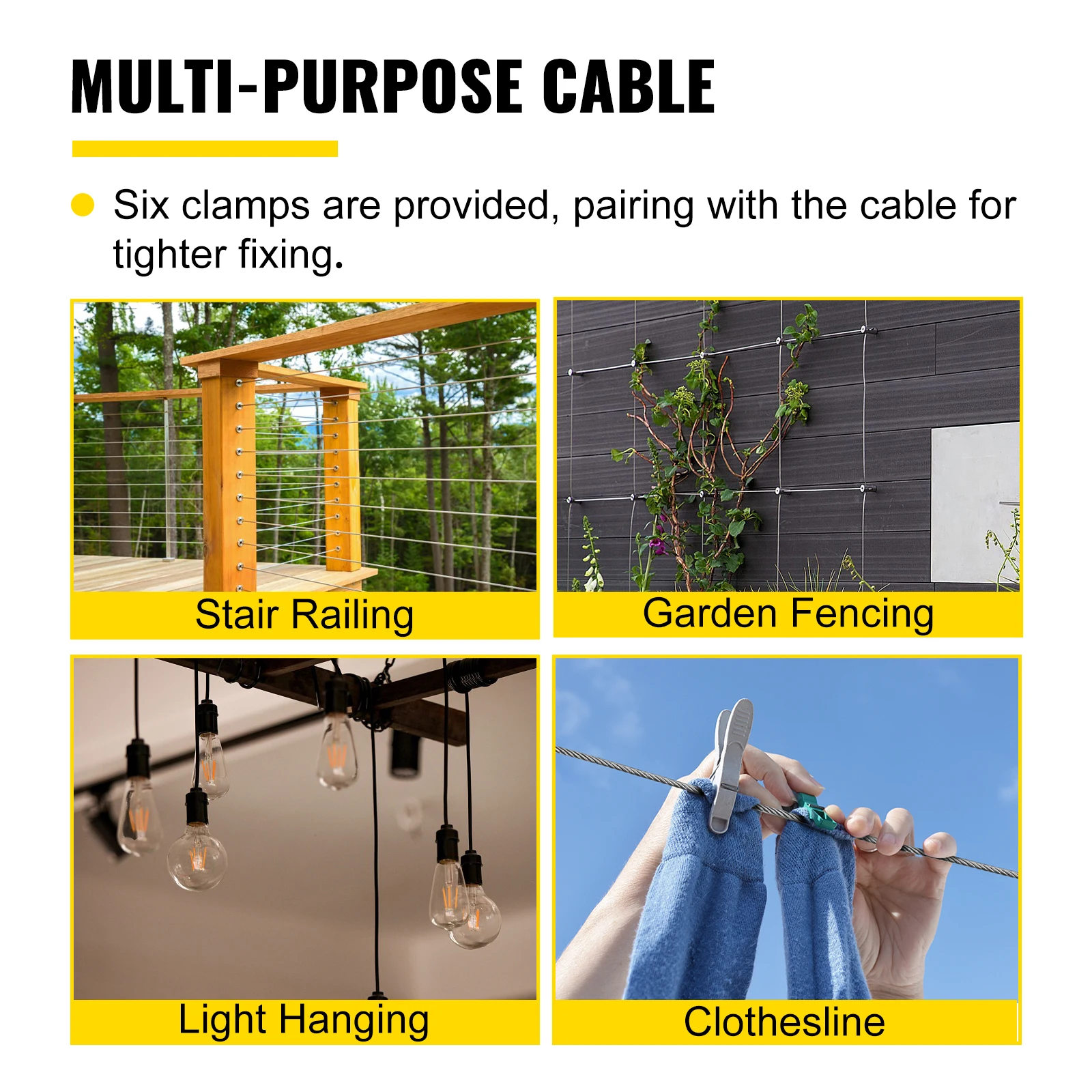 VEVOR-Cable de acero galvanizado para construcción, Cable de avión de 1/8 pulgadas, 500 pies, 7x7, con abrazaderas