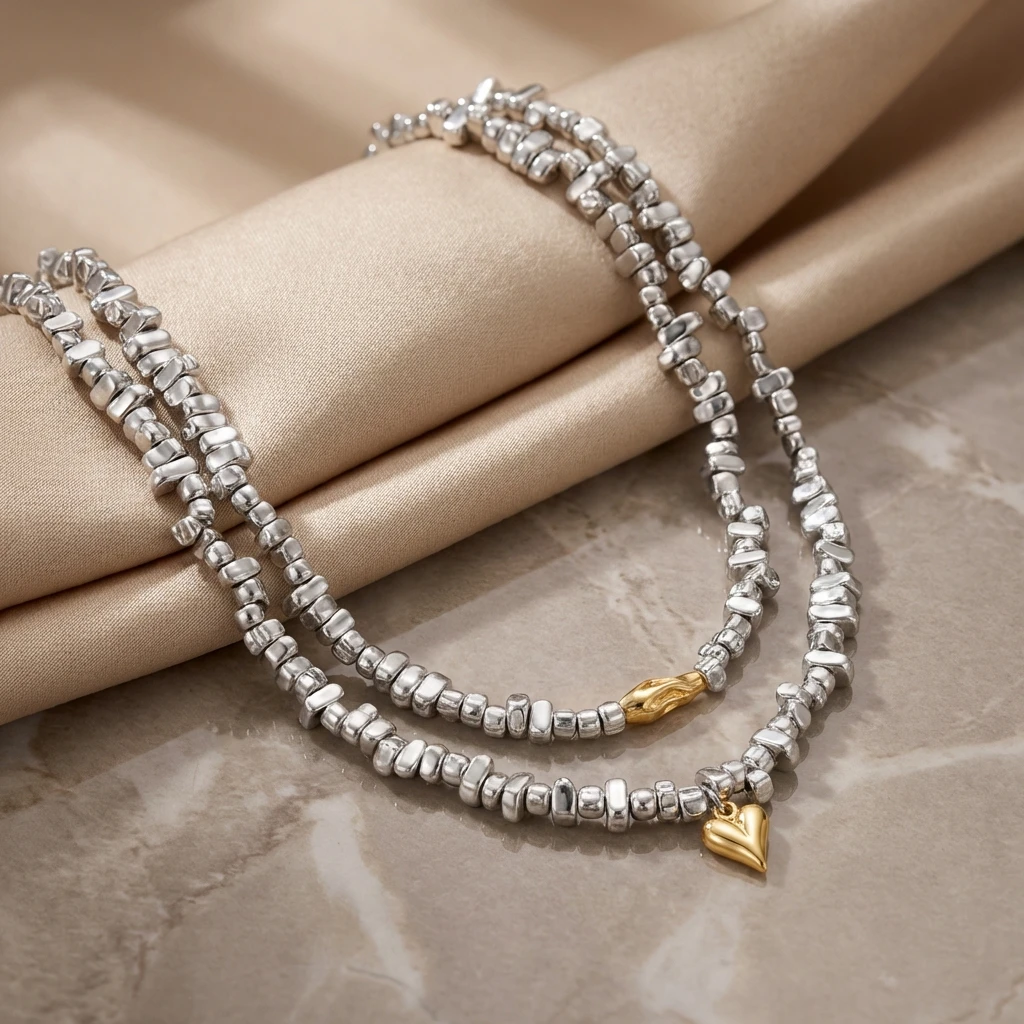 Romantische Goldfarbene Herz-Anhänger-Halskette für Frauen Unregelmäßige Silberfarbene Perlen Schlüsselbein-Kette Choker Ästhetischer Schmuck Geschenk – Detail 4