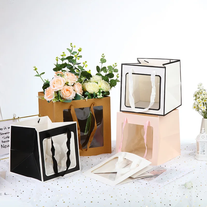 10pcs Square Transparent Window Gift Bag for Packing Takeaway Flower Paper Bag for Packaging Wedding Birthday Party