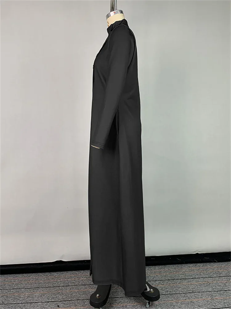 UOOZEE Women Fashion Flower Print Elegant Party Evening Midi Dresses Long Sleeves High Neck Black A-Line Dress 2024 New Autumn